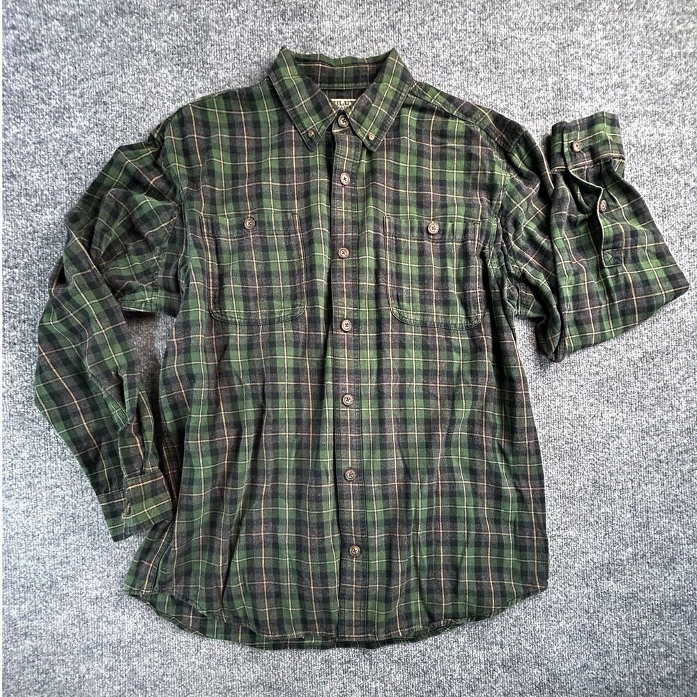 2010s Duluth Trading Free Swingin Flannel Mens L Green Plaid 100% Cotton